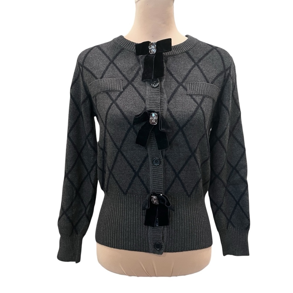 Nancy Yang Diamond Knit Cardigan Velvet Bow Jewel Button Sweater Gray Small NWT